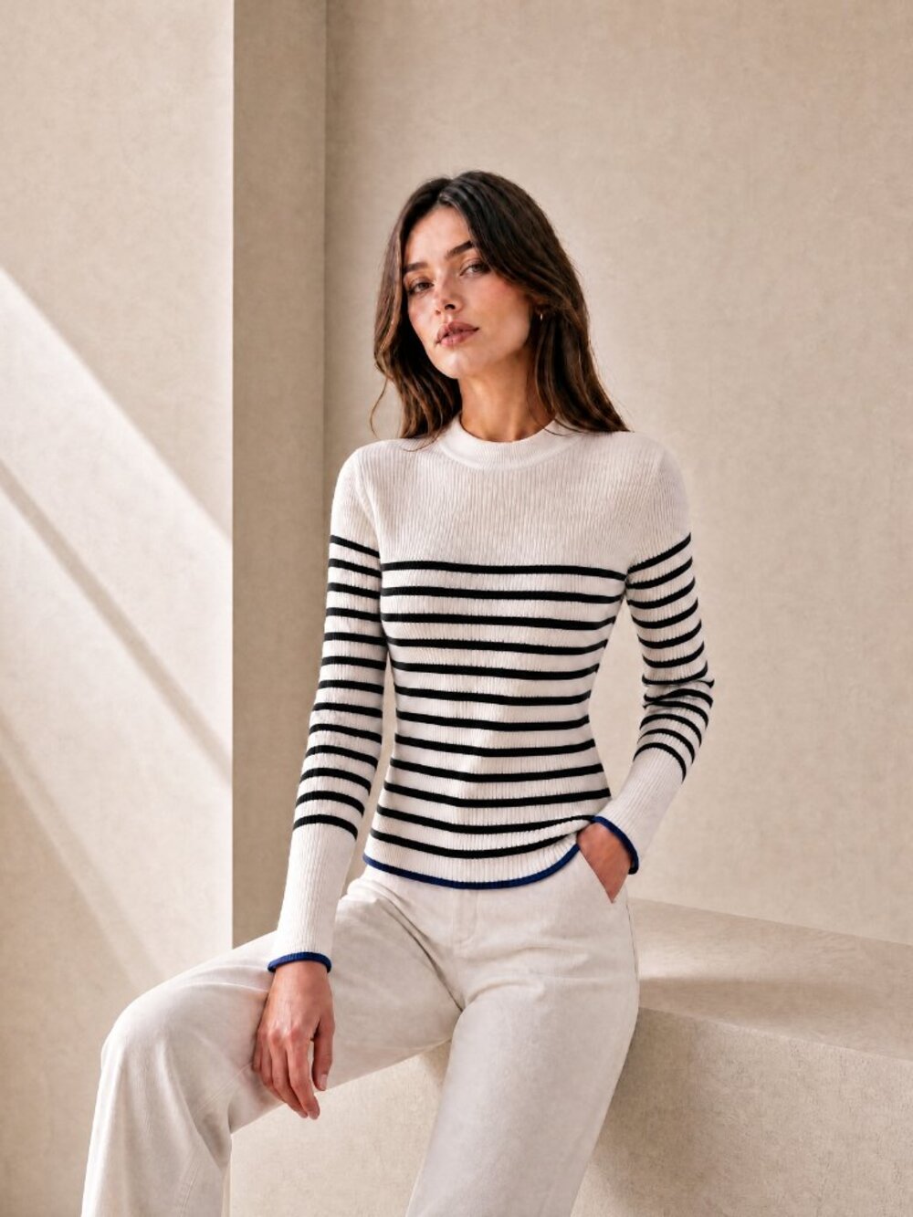 COOPERATIVE Breton Striped Ribbed Crew Neck Sweater Top Cream Black Nautical